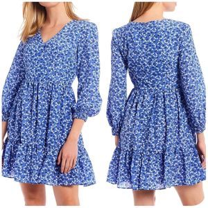 Eliza J Floral Surplice Neck Long Sleeve Dress